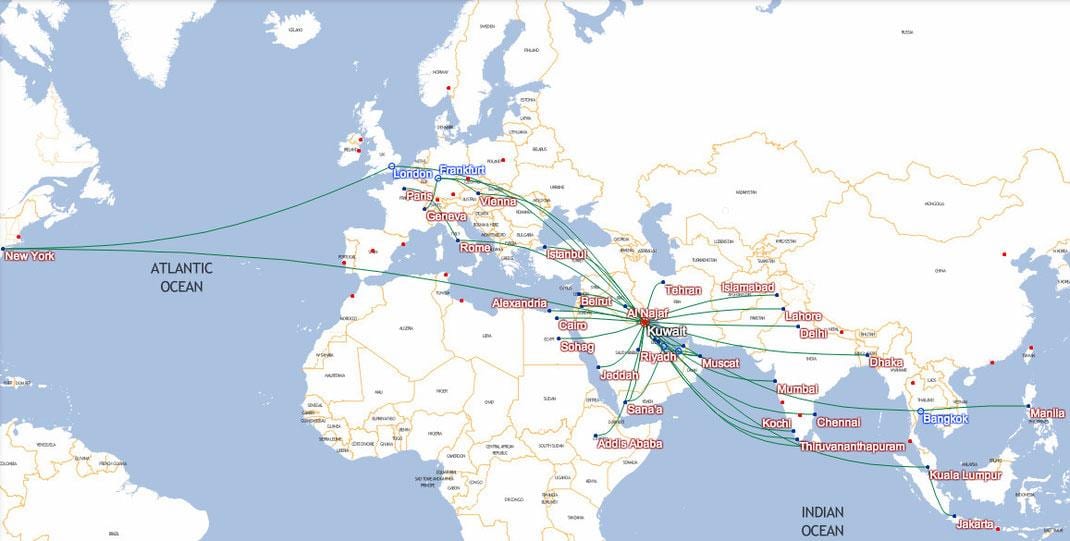 χάρτης της kuwait airways προορισμούς